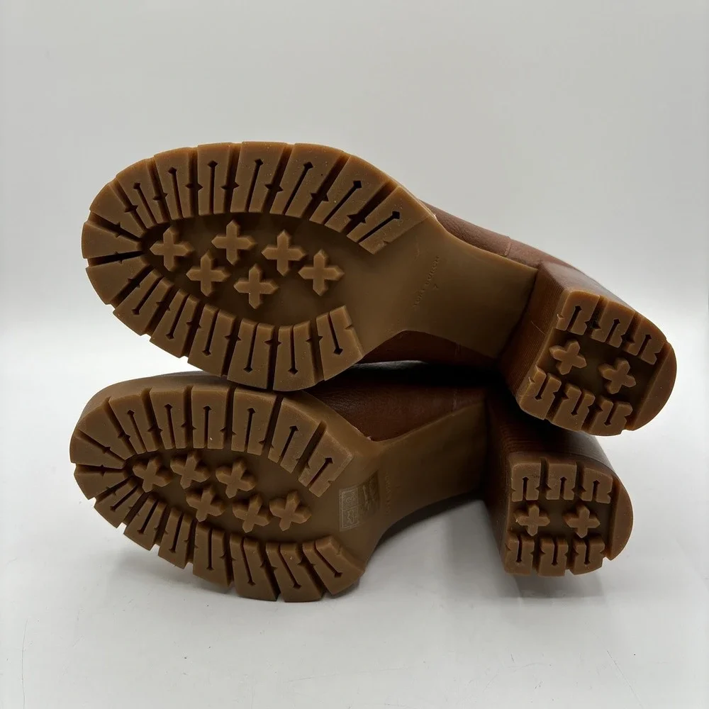 Tory Burch Carson Lug Sole High Heel Boots Women's 7 US Toasted Caramel Pull On